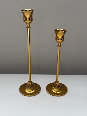 Elegant Gold Tone Metal Taper Candle Holders - Set of 2